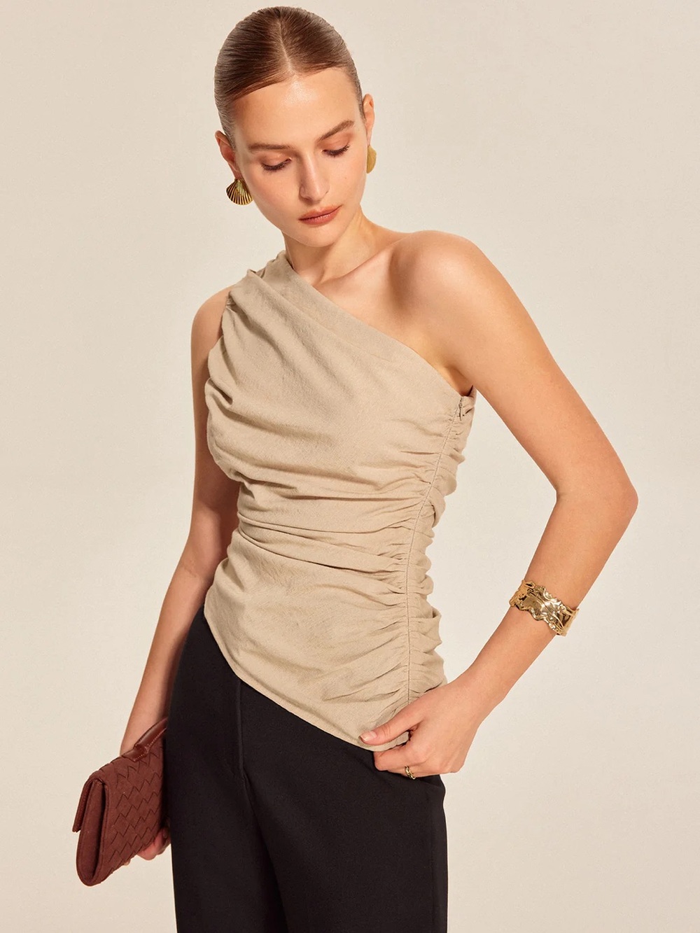 Commense One Shoulder Ruched Top Beige Draped Asymmetrical Blouse Size Large NWT